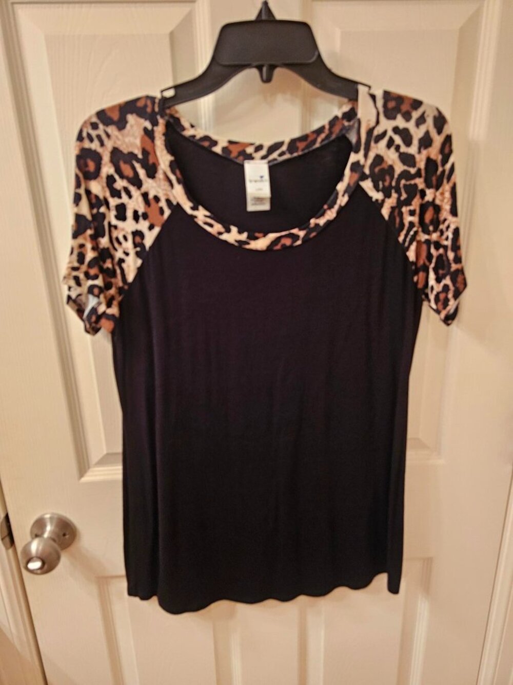 NWOT Brenda's Medium Black Blouse w / Leopard Detail